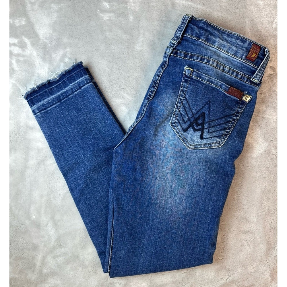 7 For All Mankind Jeans Girls Sz 12 The Skinny Ankle Stretch Denim Frayed Hem